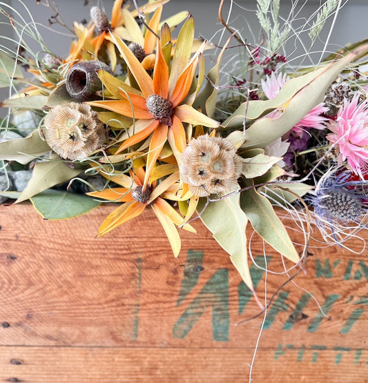 Natural dried flowers in a vintage wooden box. They are great for craft and DIY projects, or to just add some rustic beauty in your home. Dried flowers by The Flowered Heart, Melton Florist.