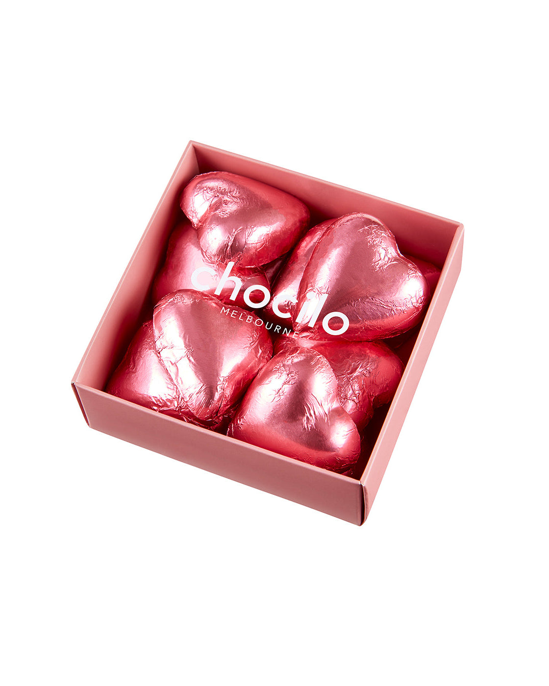 Gift boxed chocolate hearts featuring 10 pink foil wrapped heart shaped chocolates, the perfect add-on to any flower, available for same day delivery in Melton and surrounding areas.