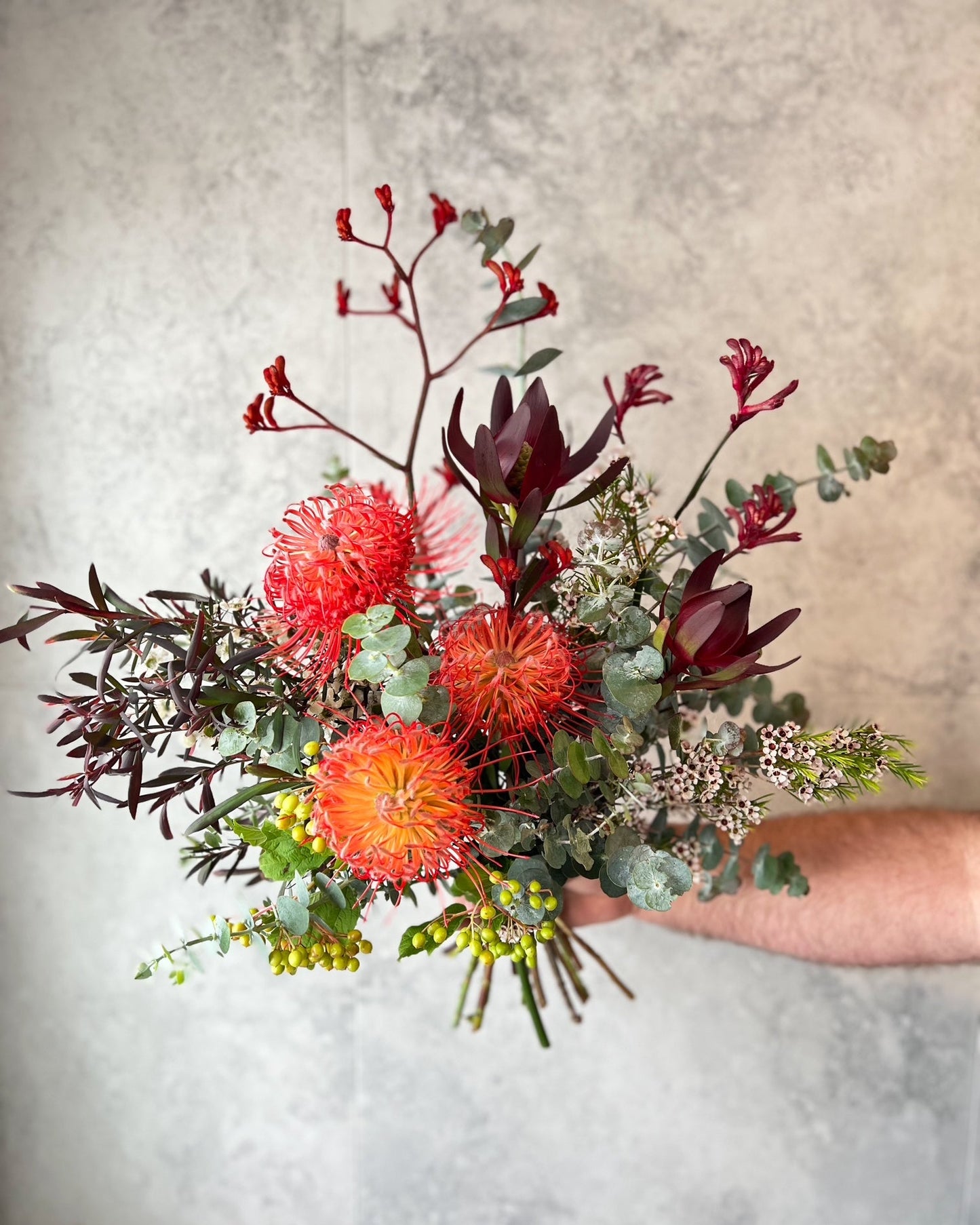 A lush, hand-tied bouquet of native flowers including kangaroo paw and seasonal blooms, delivered fresh across Melton by The Flowered Heart