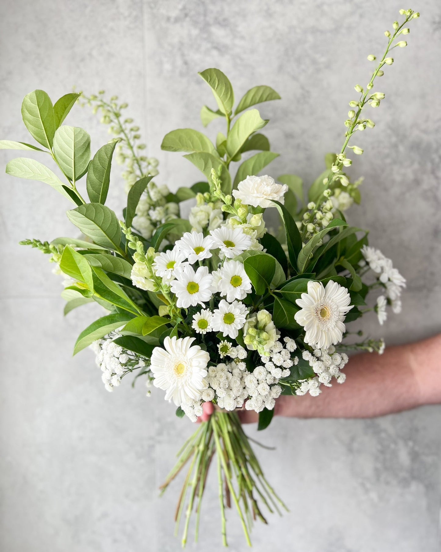 A pure and elegant, hand-tied white flowers bouquet including Delphinium, gerbera and seasonal blooms, delivered fresh across Melton by The Flowered Heart