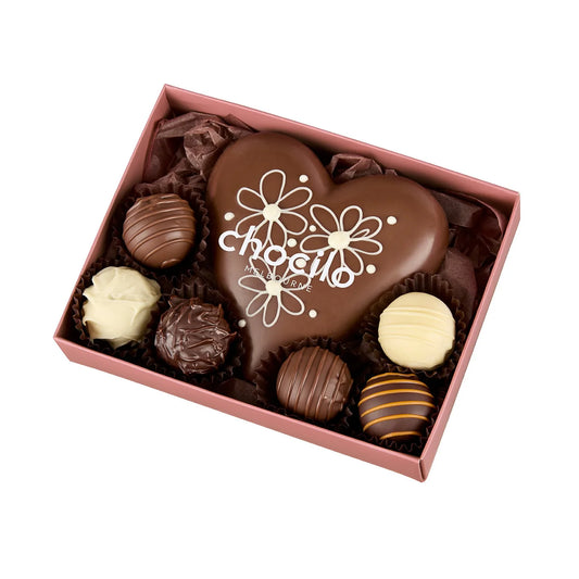 Chocilo - Flower Design Milk Chocolate Heart with 6 Assorted Truffles Gift Box - 110g